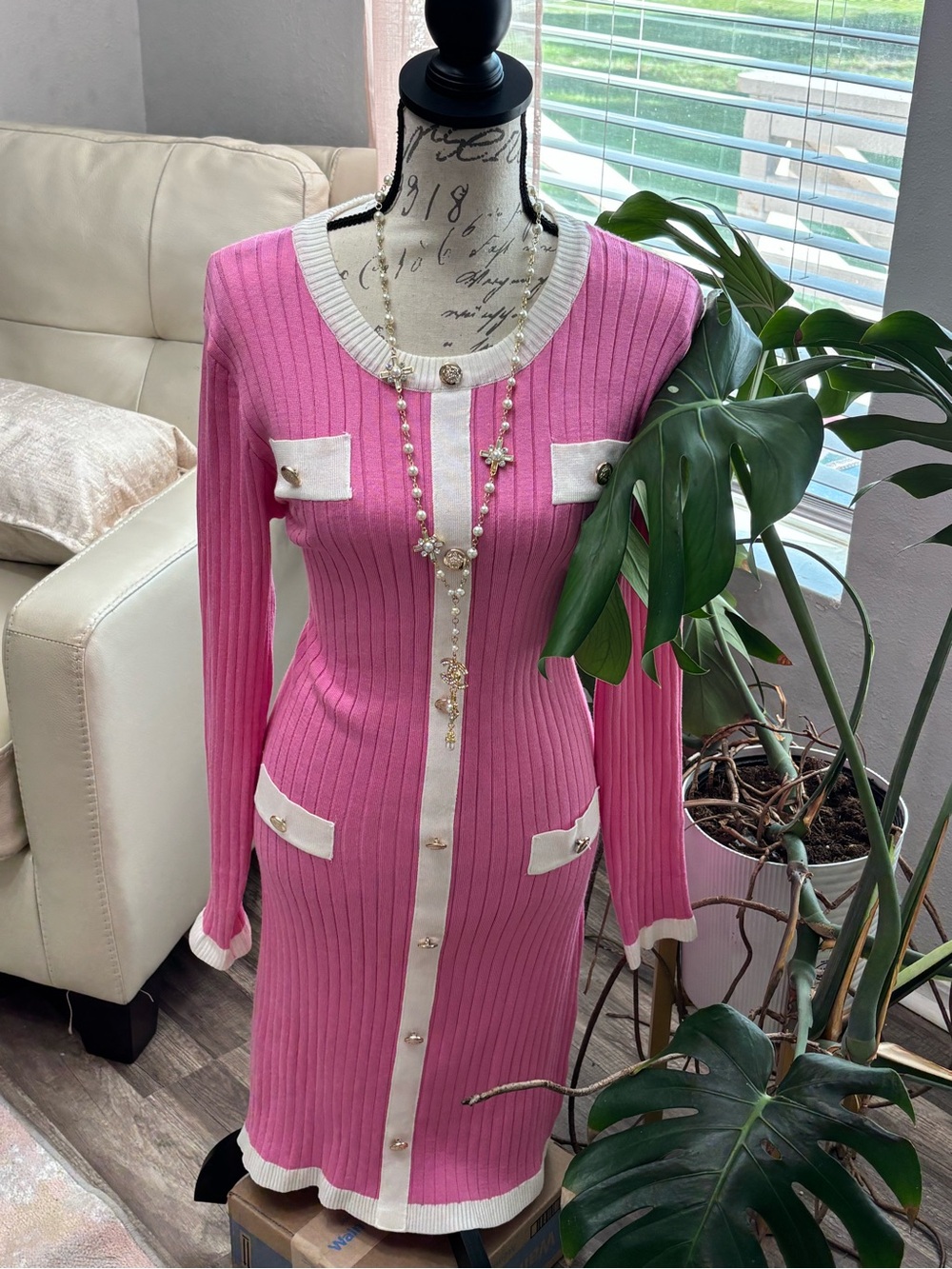 Fashion Nova Pink Ribbed Button-Front Long Sleeve Dress with White Trim